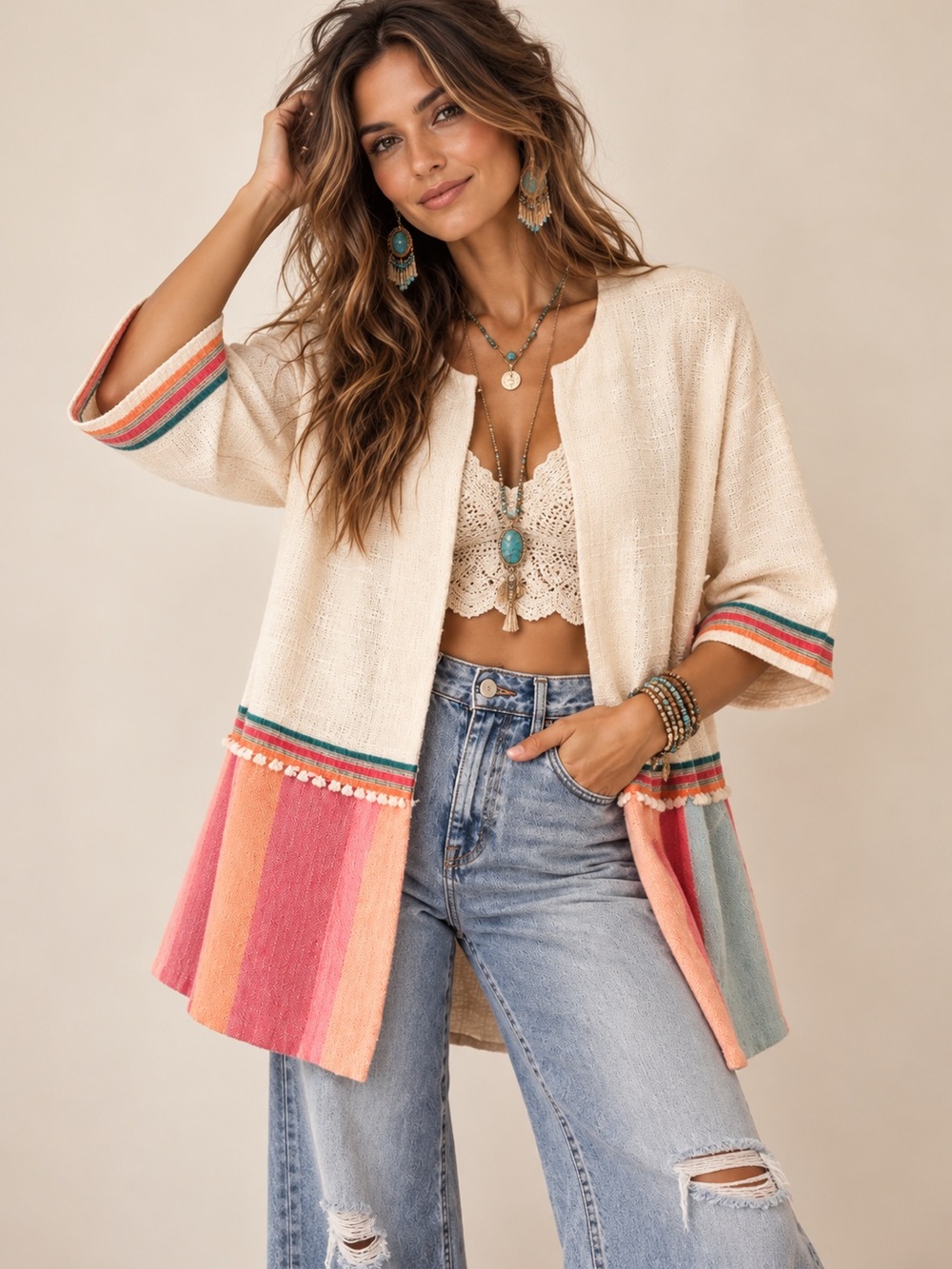 Vilagallo Cream Open Cardigan with Pink, Coral & Aqua Stripes